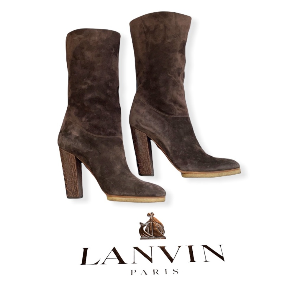 Lanvin Brown Suede Boots W/ Croc Embossed Heels